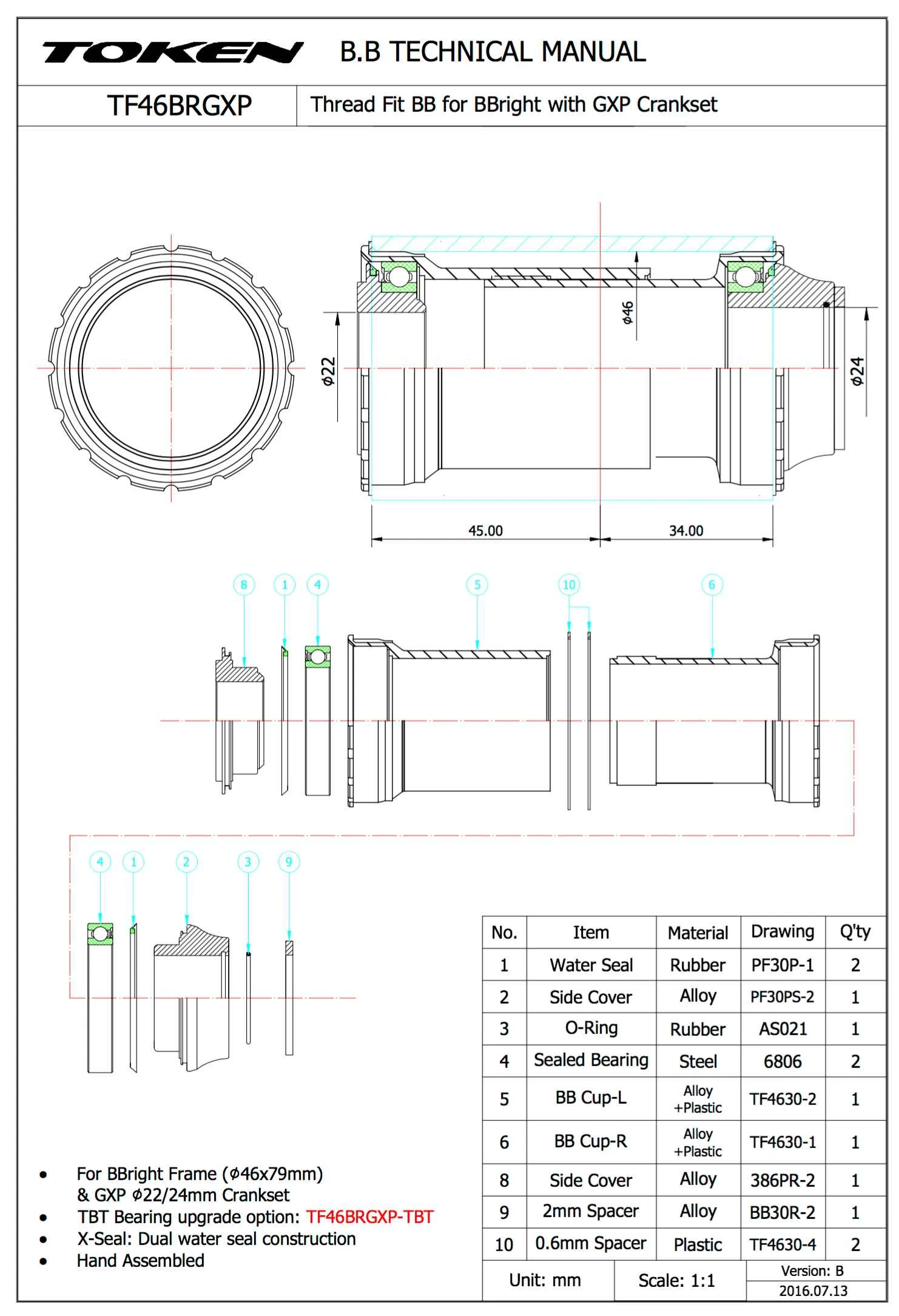 Krankboks TOKEN PressFit 30 PF30 BBright GXP - TF46BRGXP 1 Krankboks TOKEN PressFit 30 PF30 BBright GXP - TF46BRGXP
